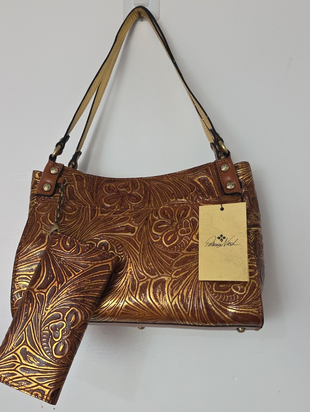 Patricia Nash Metallic Bronze Floral-Embossed Shoulder Bag with Wristlet